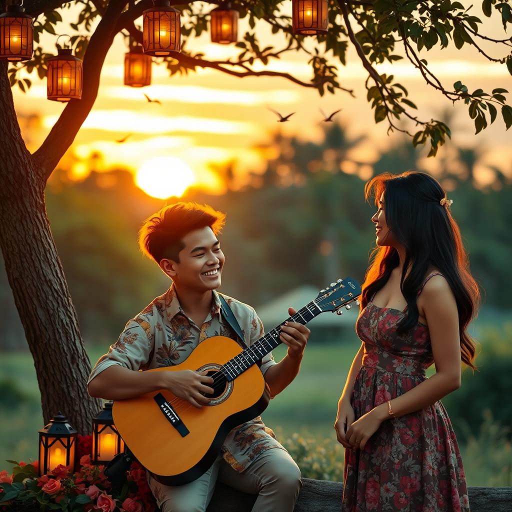 A romantic Filipino serenade scene at sunset, featuring a young man playing a guitar under a tree, surrounded by lanterns and flowers