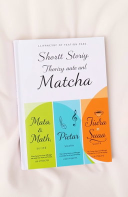 A beautifully designed book cover featuring three short stories titled 'Mata', 'Matcha', and 'Suara'