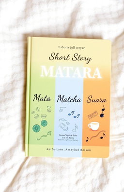 A beautifully designed book cover featuring three short stories titled 'Mata', 'Matcha', and 'Suara'