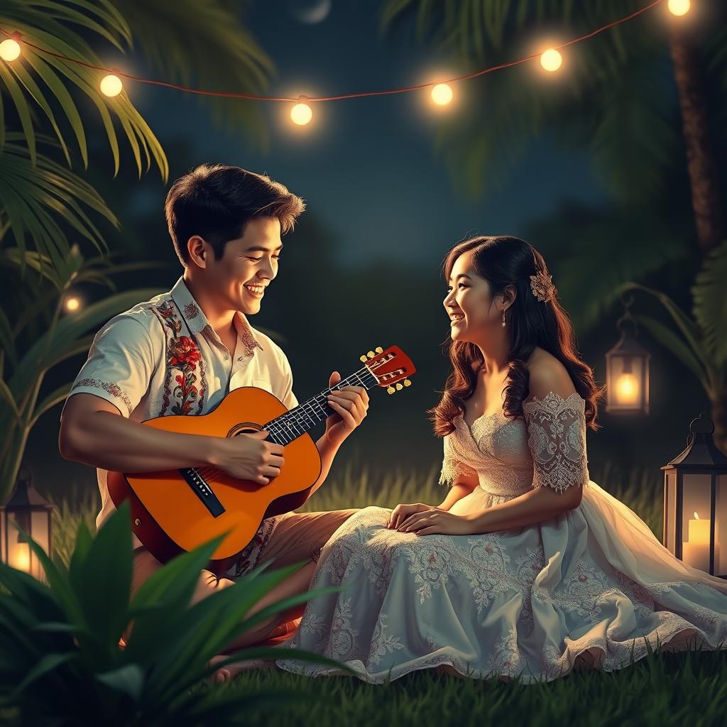 A tender scene of a Filipino man courting a Filipina girl under the night sky, playing his guitar