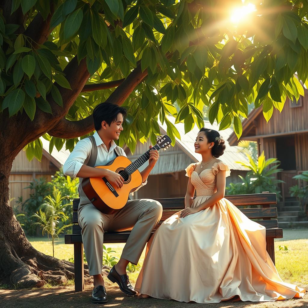 A romantic scene depicting a Filipino guy courting a Filipina girl in the 1800s