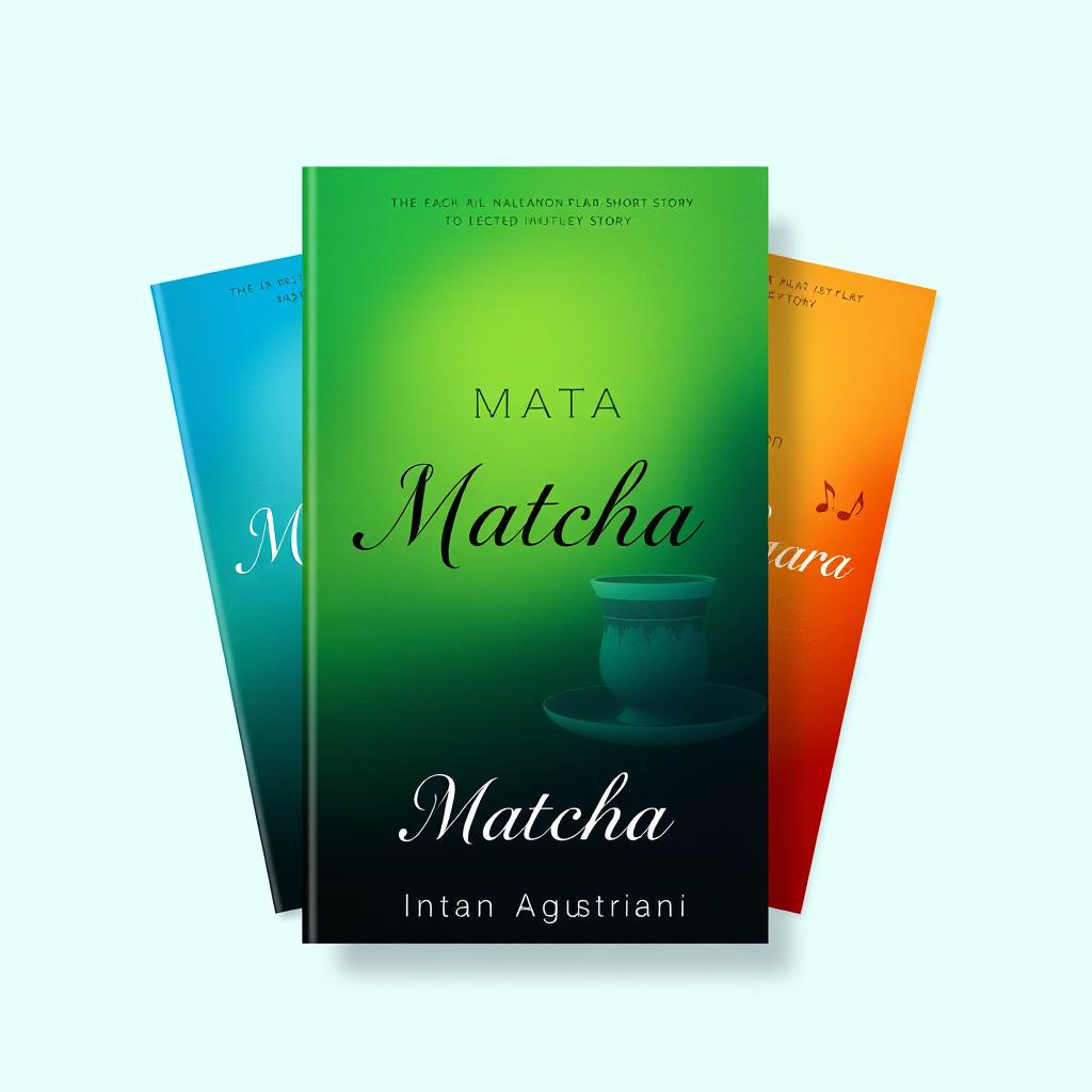 A captivating book cover design for a collection of short stories titled 'Mata', 'Matcha', and 'Suara' by Intan Agustriani
