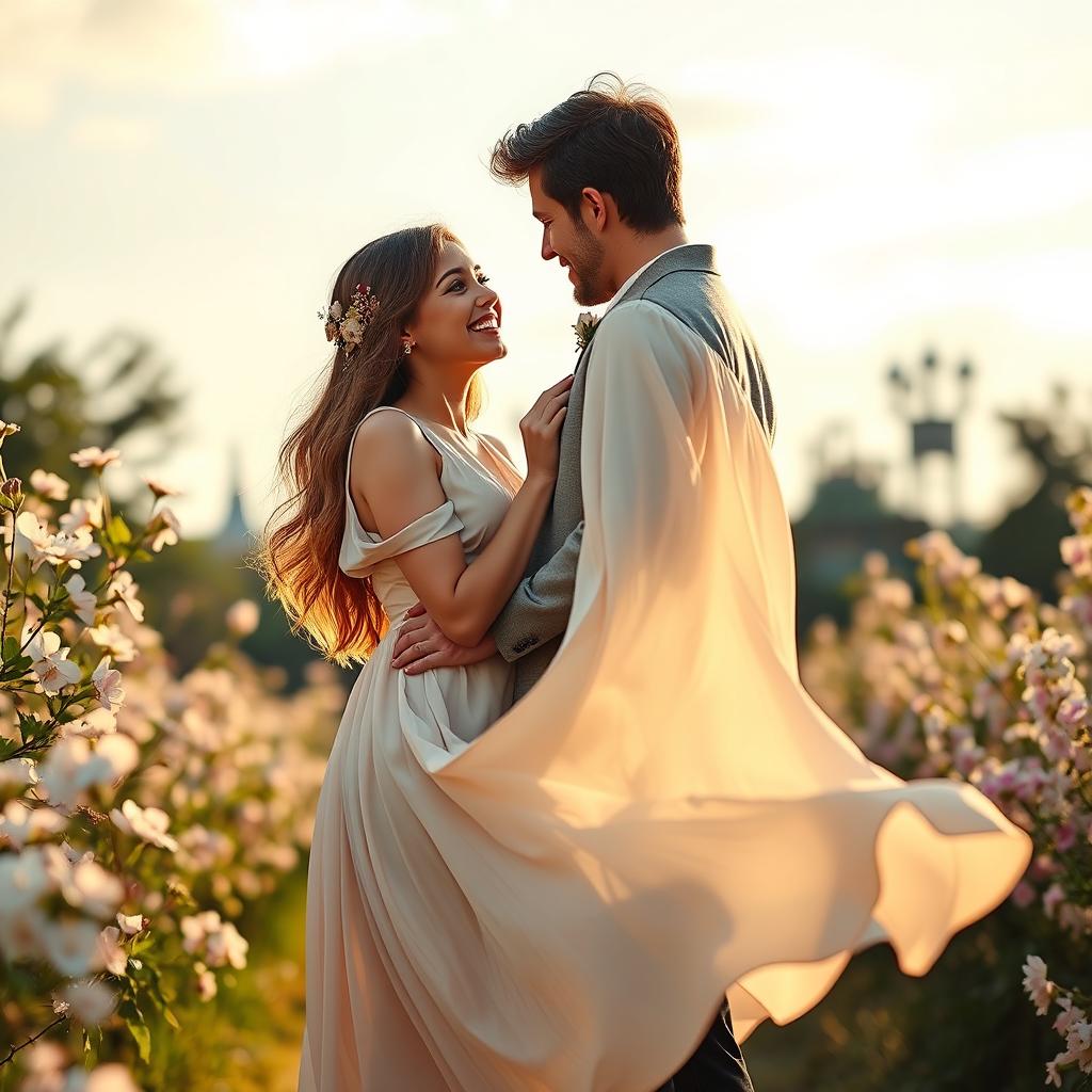 A sweet and romantic couple outdoors, the girl in a flowing, elegant dress that gently sways with the breeze, with a soft smile on her face, standing close to her partner who is wearing a stylish outfit
