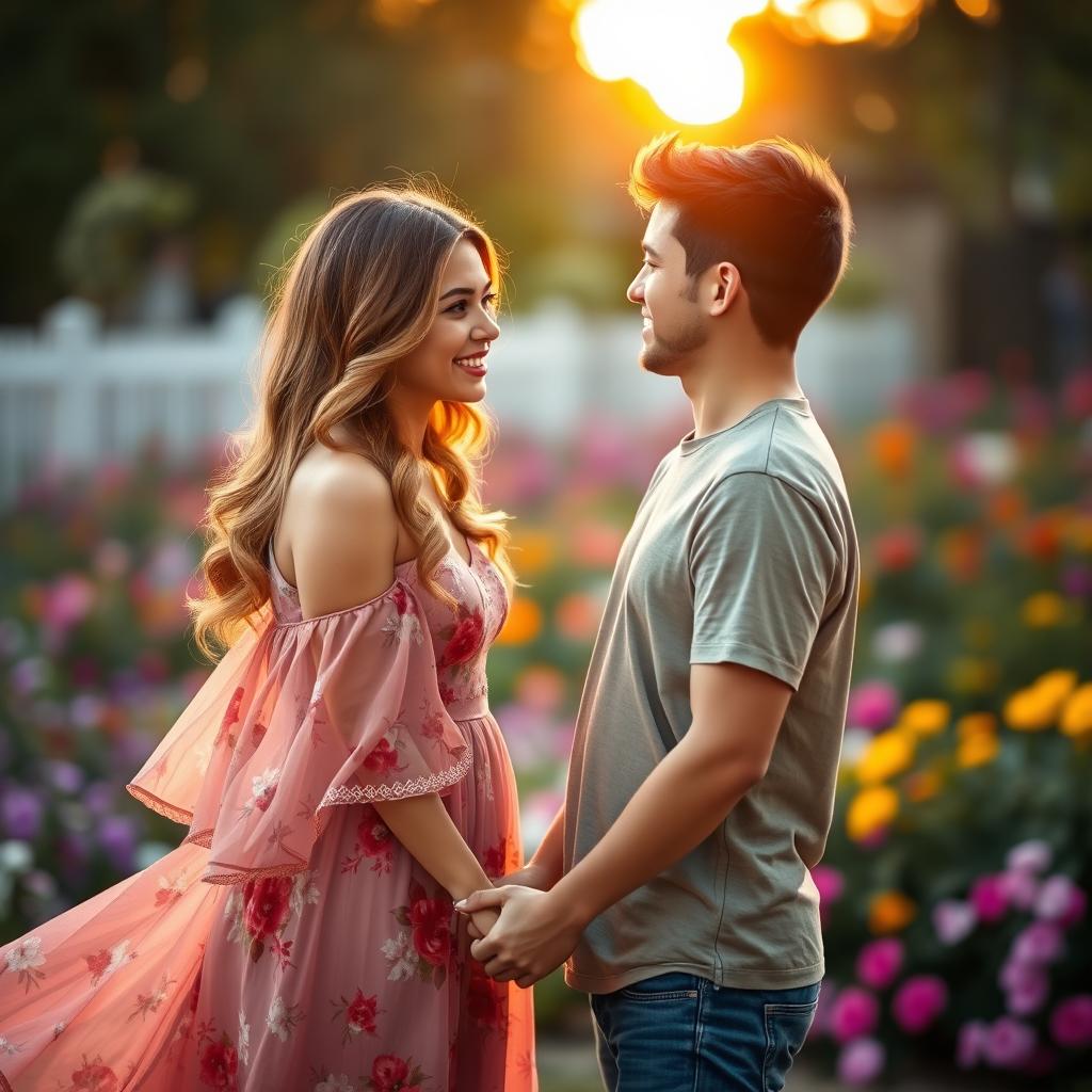 A sweet couple in a romantic setting, with the girl wearing a beautiful, flowing dress that has floral patterns