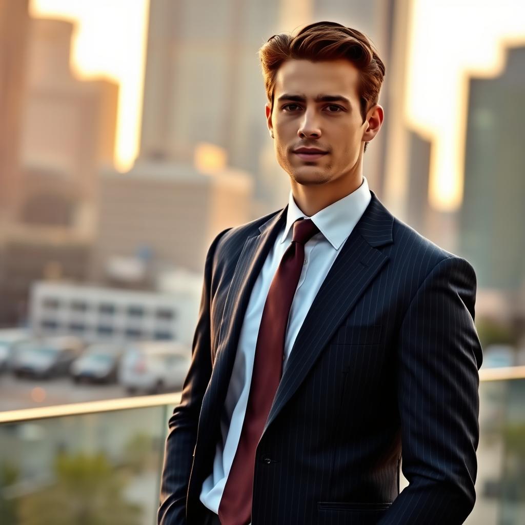 A stylish person in an elegant, tailored suit standing confidently against an urban backdrop