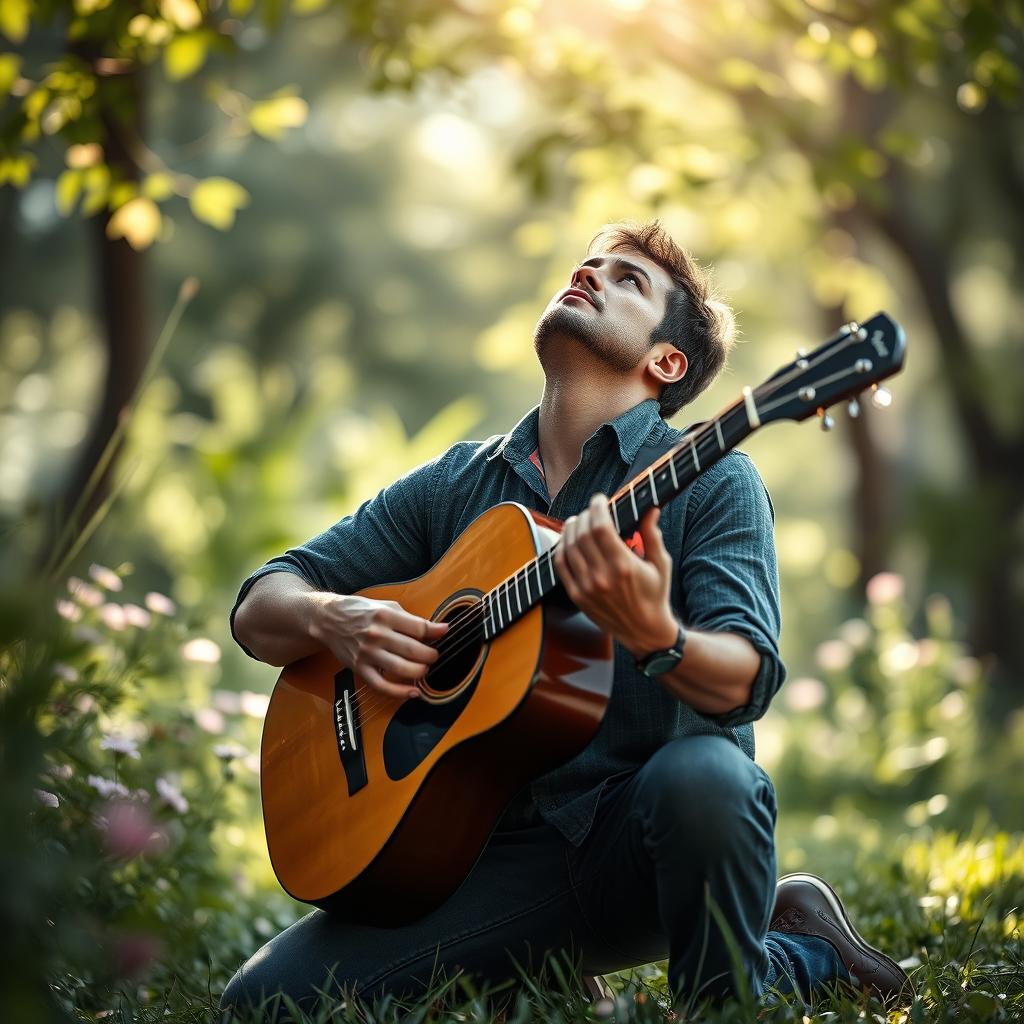 A man kneeling while playing an acoustic guitar, gazing up with a contemplative expression