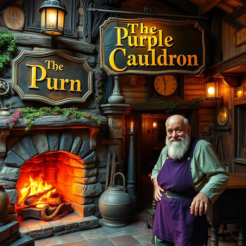 A picturesque old inn named 'The Purple Cauldron', featuring a beautifully crafted golden sign displaying the name
