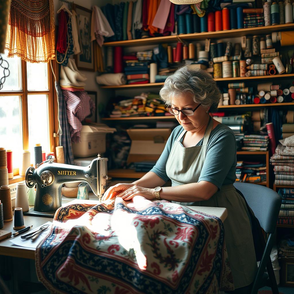 A talented seamstress, busily working at her sewing machine in a cozy, eclectic workshop