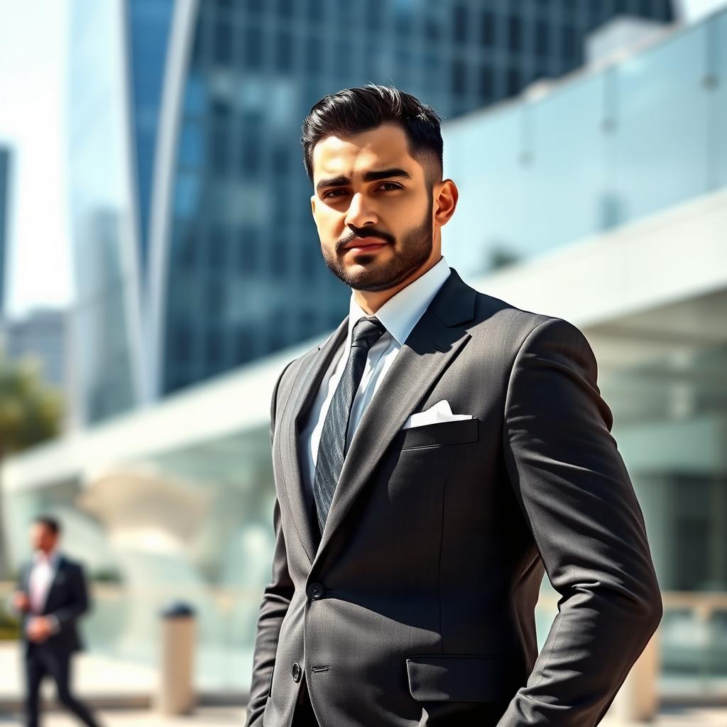 A handsome Iranian man dressed in a stylish suit, serving as a bodyguard