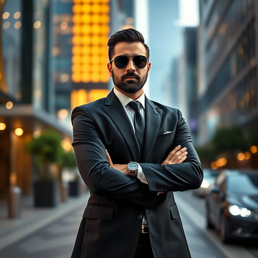 A stylish Iranian man acting as a bodyguard, wearing a fitted black suit and sunglasses, standing confidently with arms crossed