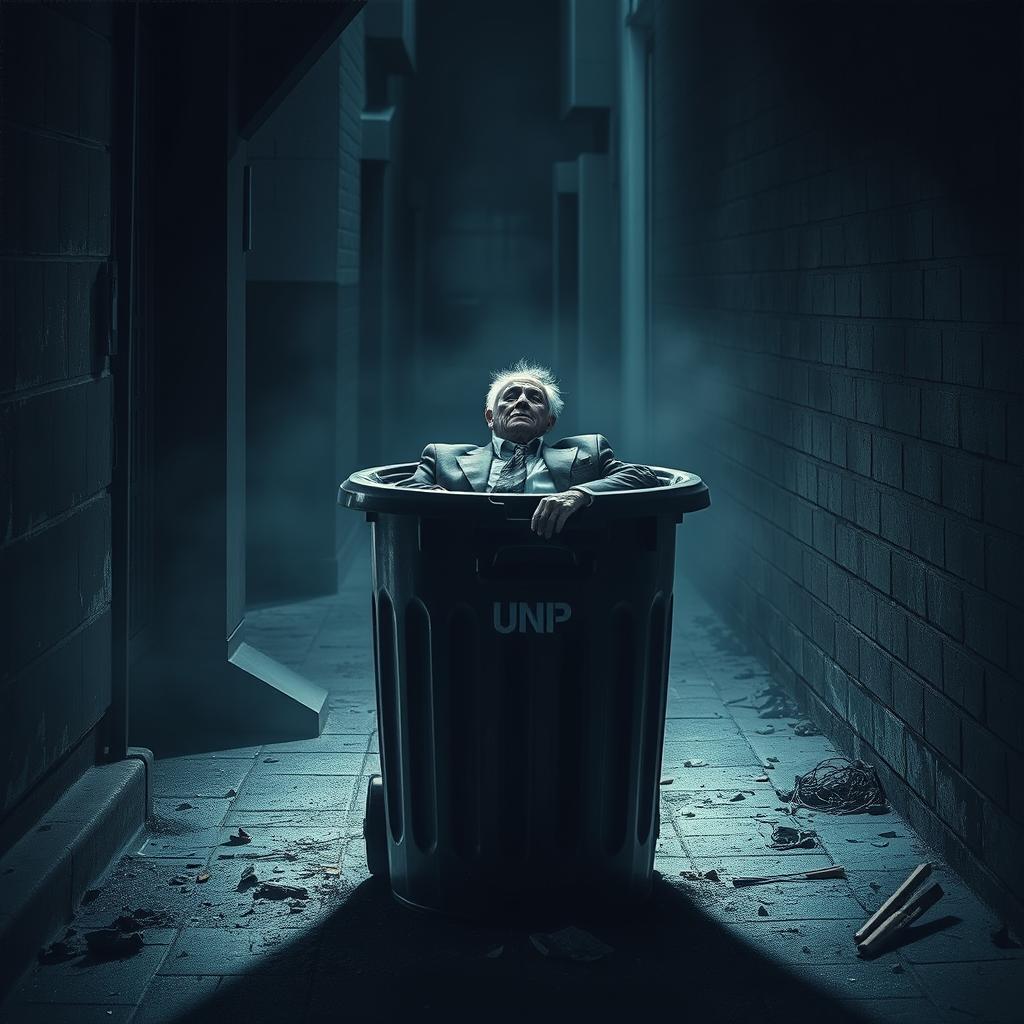 An elderly man who has passed away, his lifeless body positioned inside a trash bin