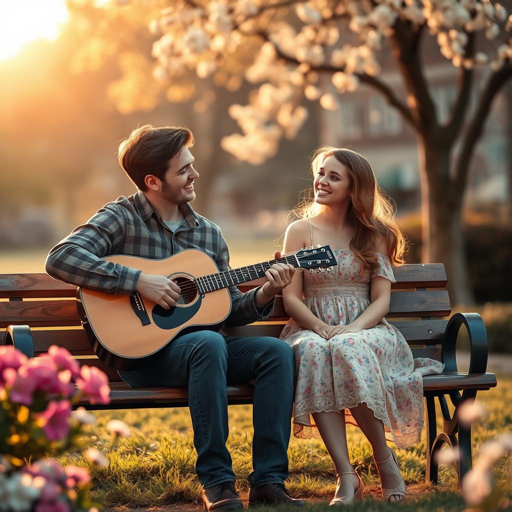 A heartfelt scene of a guy serenading a girl with his guitar, seated on a cozy park bench