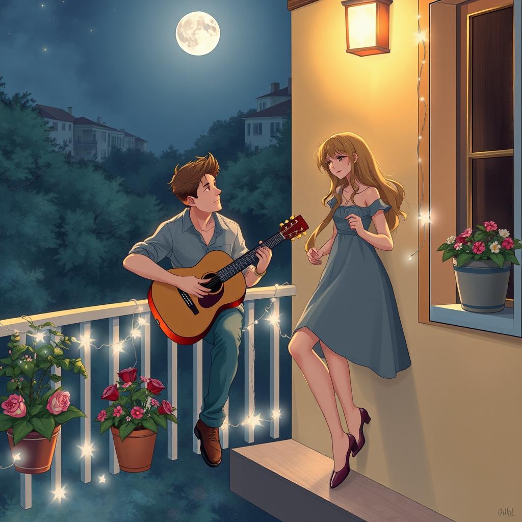 A romantic scene of a guy serenading a girl on a balcony with his guitar, surrounded by enchanting nighttime scenery