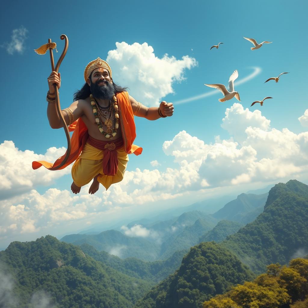 A heroic scene depicting Lord Ram soaring through the sky, cradled in the strong arms of Lord Hanuman