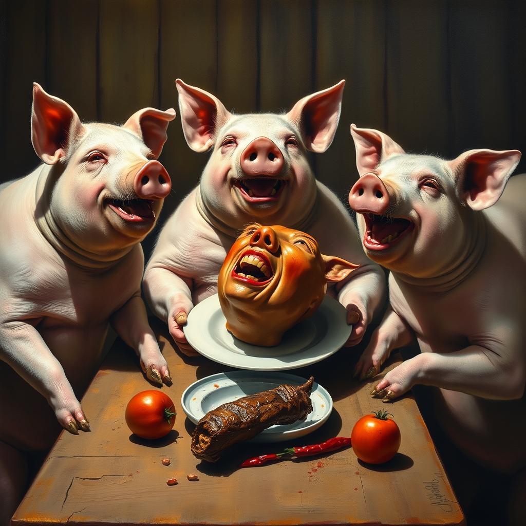 An oil painting showcasing three pigs sitting around a table, engaged in a surreal feast