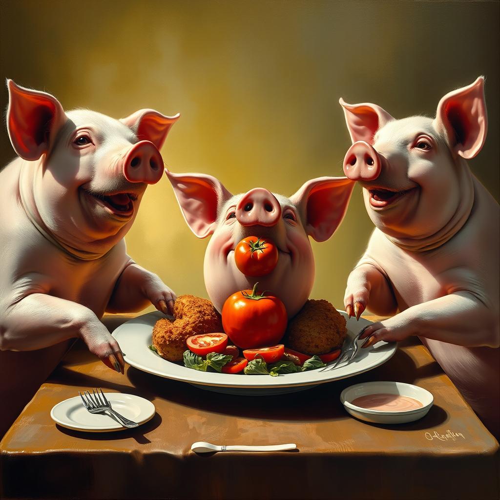 An oil painting depicting three pigs cheerfully dining at a table