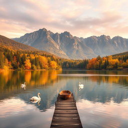 A serene landscape depicting a tranquil lake surrounded by lush green forests and majestic mountains in the background