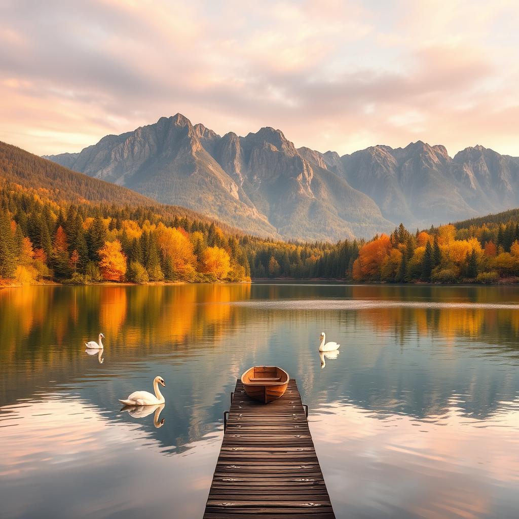 A serene landscape depicting a tranquil lake surrounded by lush green forests and majestic mountains in the background