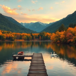 A serene landscape depicting a tranquil lake surrounded by lush green forests and majestic mountains in the background