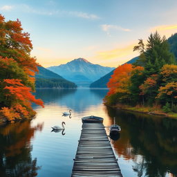 A serene landscape depicting a tranquil lake surrounded by lush green forests and majestic mountains in the background