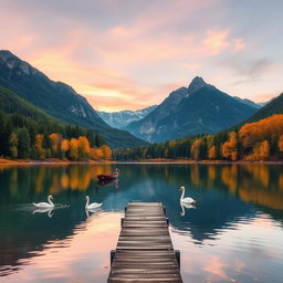 A serene landscape depicting a tranquil lake surrounded by lush green forests and majestic mountains in the background