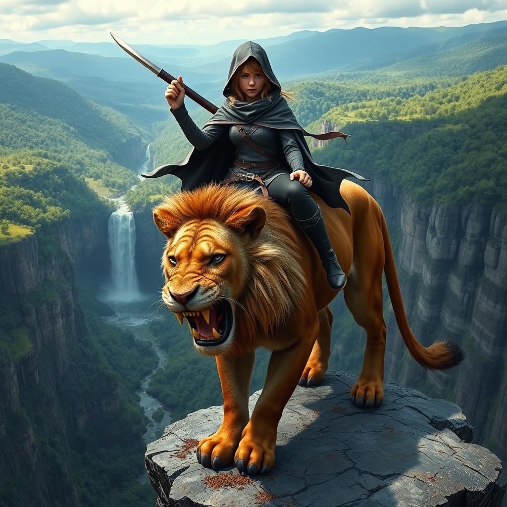 A young female hero wearing a hooded cloak, black pants, and boots, confidently mounted on a six-foot tall saber-toothed lion, holding a katana in one hand while her other hand is clenched in a fist