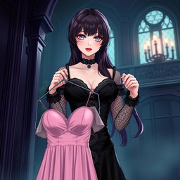 A gothic anime girl standing in a dimly lit gothic mansion, featuring dark purple hair that cascades elegantly down her shoulders