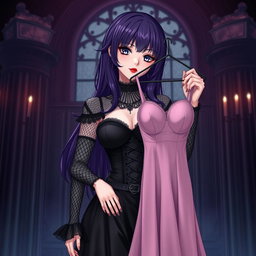 A gothic anime girl standing in a dimly lit gothic mansion, featuring dark purple hair that cascades elegantly down her shoulders