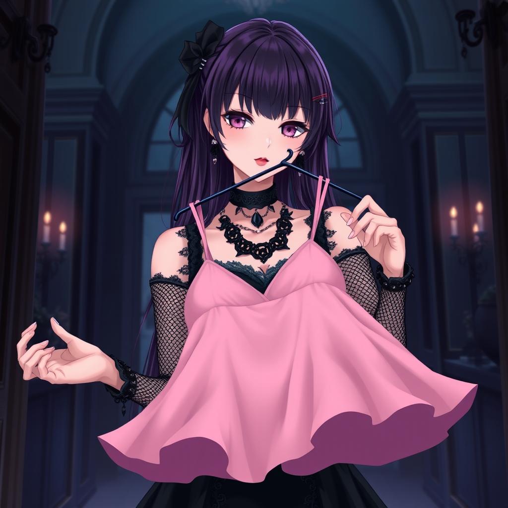 A gothic anime girl standing in a dimly lit gothic mansion, featuring dark purple hair that cascades elegantly down her shoulders