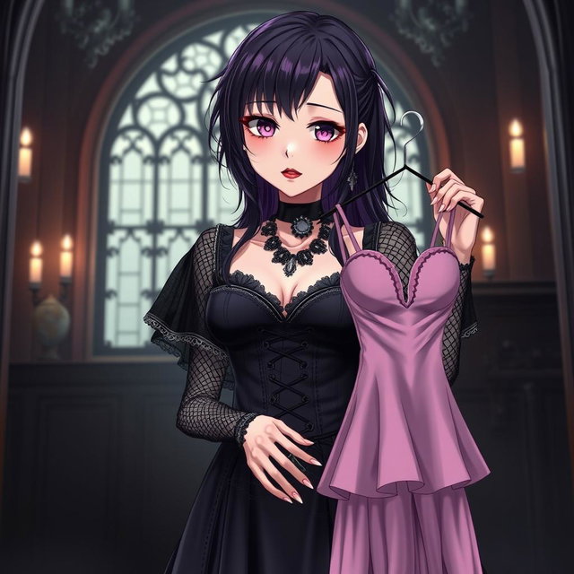 A gothic anime girl standing in a dimly lit gothic mansion, featuring dark purple hair that cascades elegantly down her shoulders
