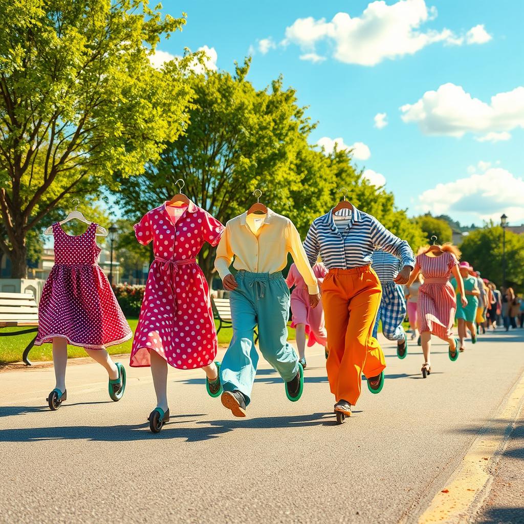 A whimsical scene featuring a variety of colorful clothes on wheels, such as dresses, shirts, and pants, all joyfully rolling down a sunlit street