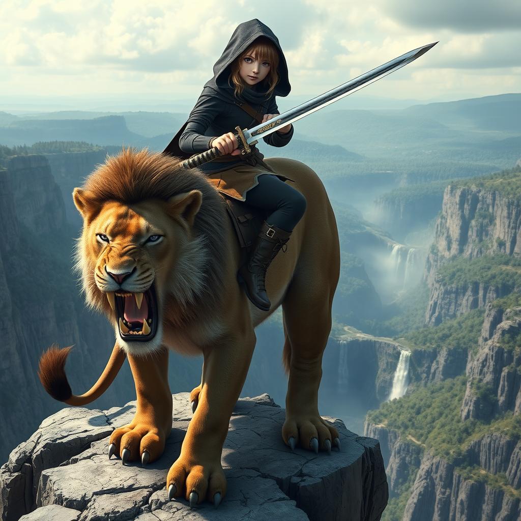 A young female hero with striking purple eyes wearing a dark hooded cloak, black pants, and sturdy boots, confidently mounted on a majestic six-foot-tall saber-toothed lion