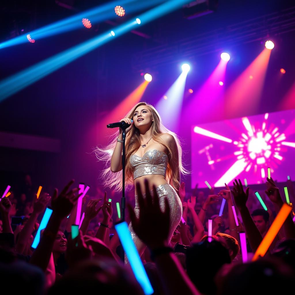 A dynamic concert scene featuring a young woman singer on stage, passionately performing into a microphone