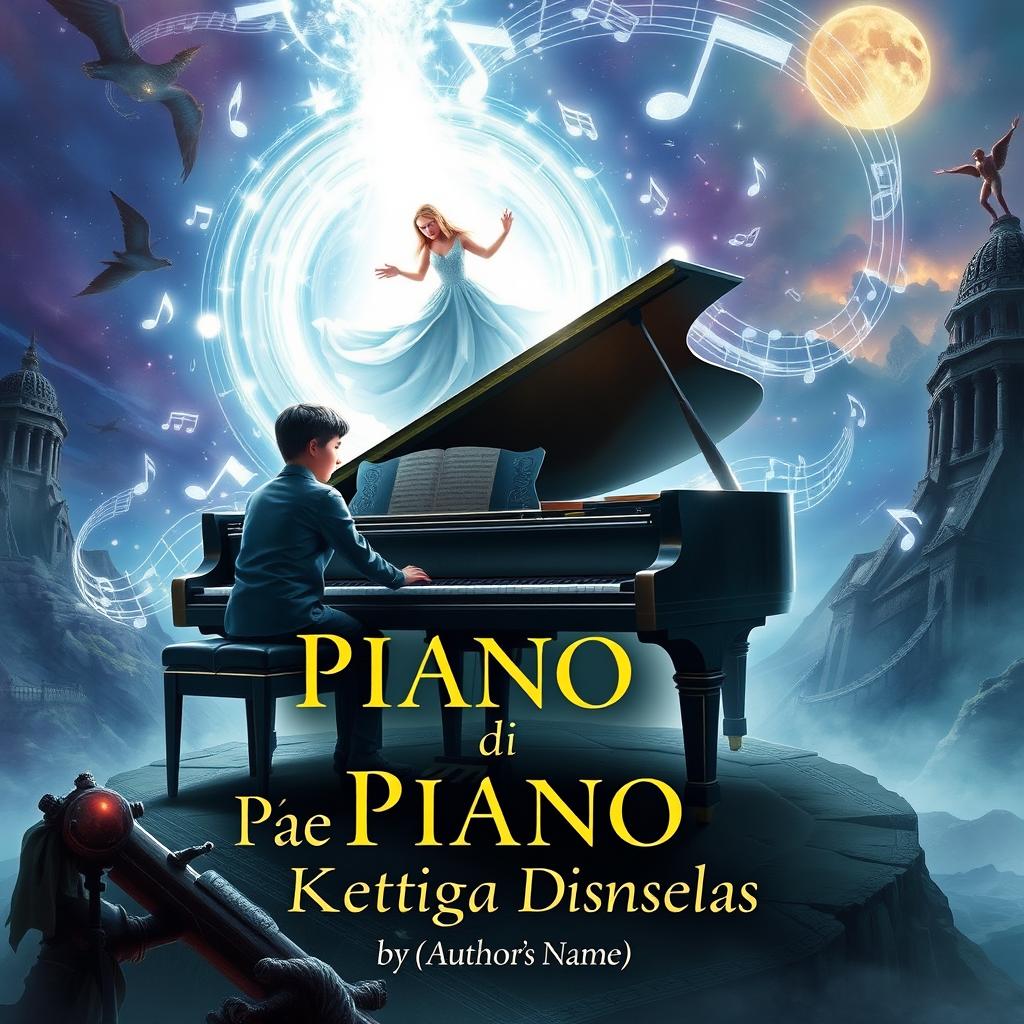 An enchanting book cover for 'Piano di Dimensi Ketiga Belas', depicting a mystical scene where music shapes reality