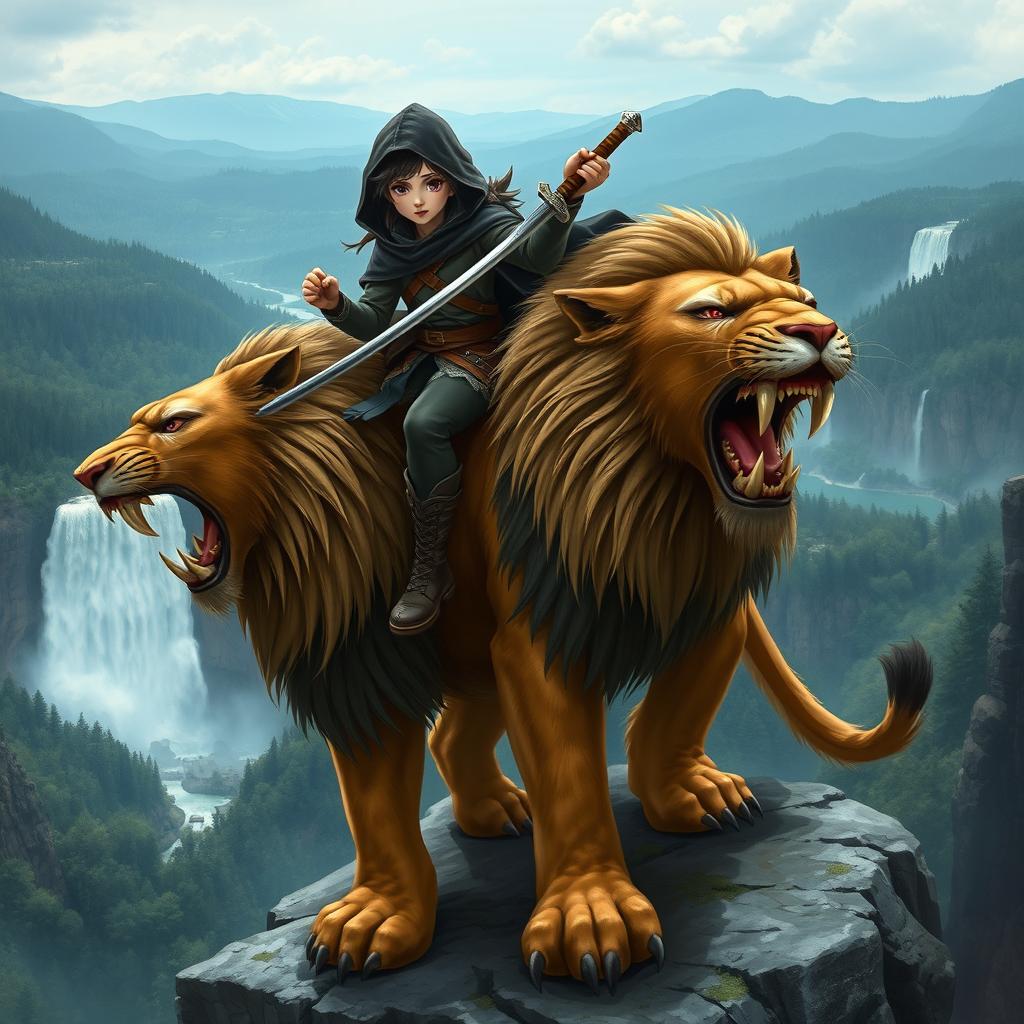 A young female hero with captivating purple eyes, wearing a dark hooded cloak alongside black pants and sturdy boots, confidently rides atop a formidable six-foot-tall saber-toothed lion