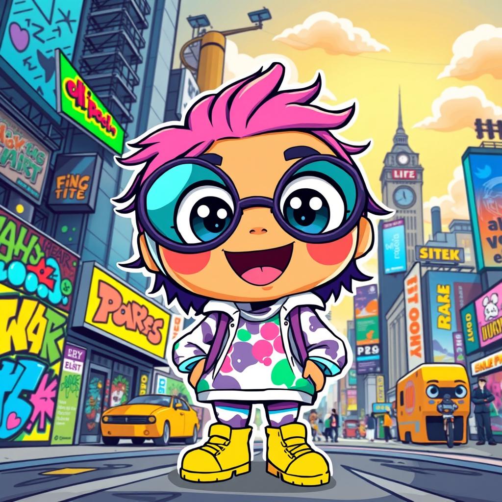 A playful and vibrant illustration of a colorful, cute cartoon character designed with an exaggerated round shape, large expressive eyes, and a joyful expression