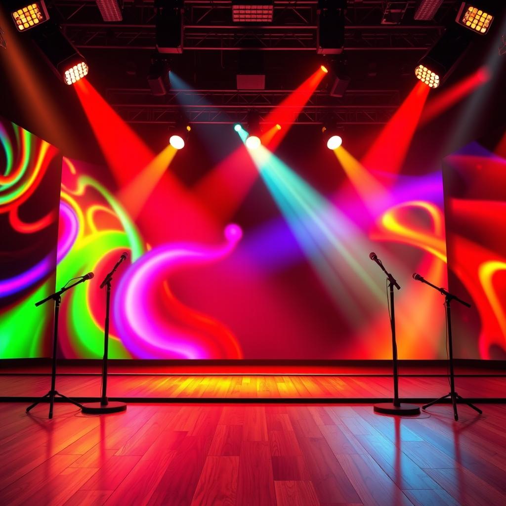 A vibrant stage setting with a dynamic background, showcasing a blend of colorful light patterns and abstract shapes that create an energetic atmosphere