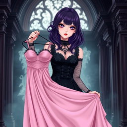 A gothic anime girl with striking dark purple hair, elegantly styled, stands in a beautifully eerie gothic mansion