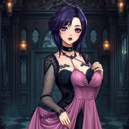 A gothic anime girl with striking dark purple hair, elegantly styled, stands in a beautifully eerie gothic mansion