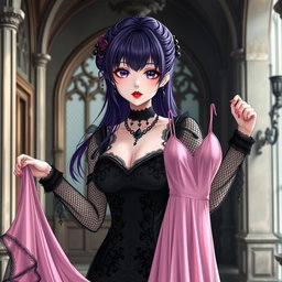 A gothic anime girl with striking dark purple hair, elegantly styled, stands in a beautifully eerie gothic mansion