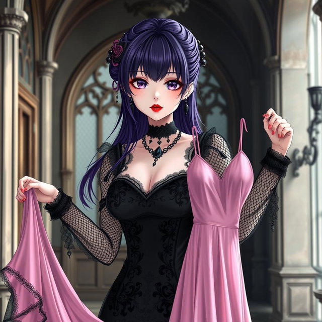A gothic anime girl with striking dark purple hair, elegantly styled, stands in a beautifully eerie gothic mansion
