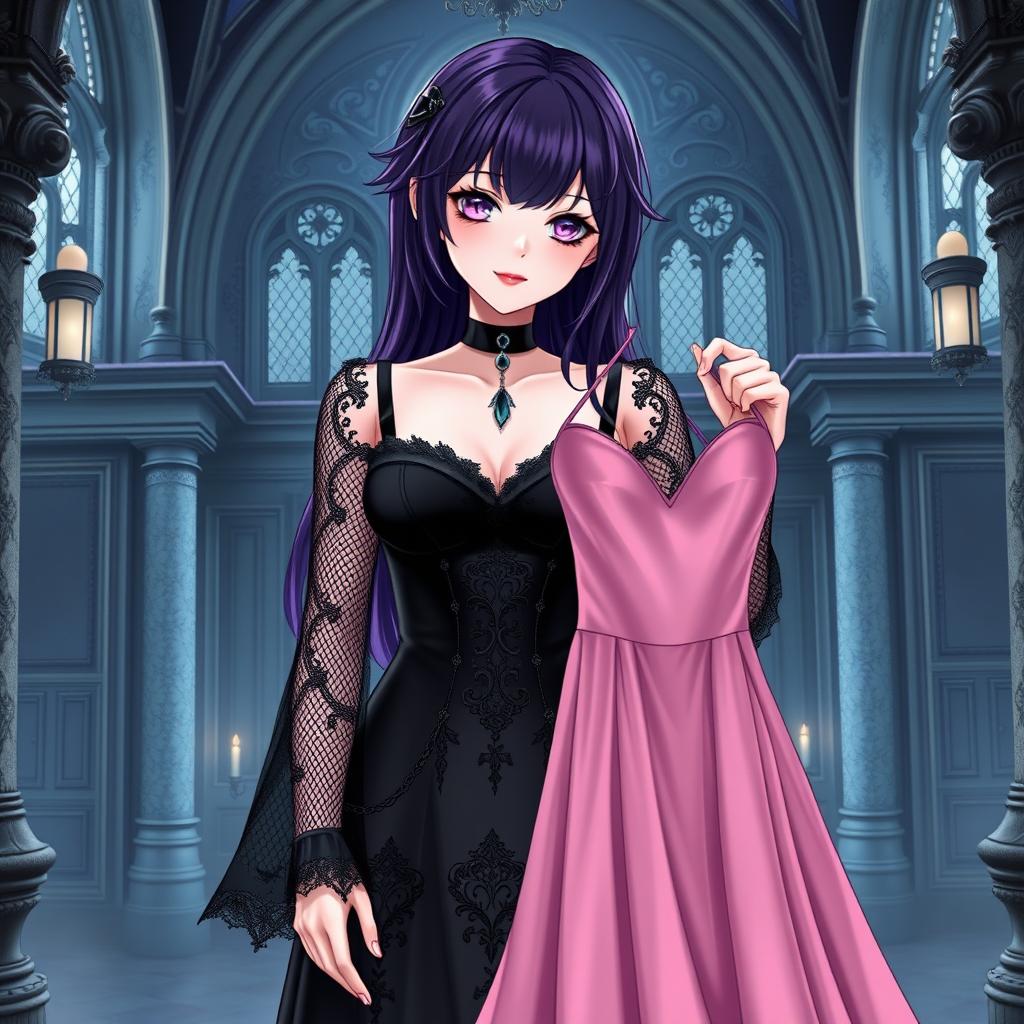 A gothic anime girl with striking dark purple hair, elegantly styled, stands in a beautifully eerie gothic mansion