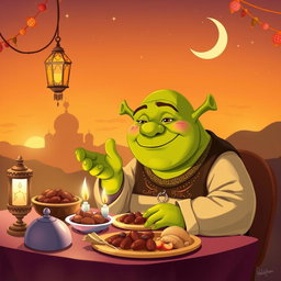 A whimsical illustration of an ogre giving festive vibes during Ramadan, wearing a traditional Islamic robe, sitting at a beautifully decorated table with colorful lanterns and crescent moons