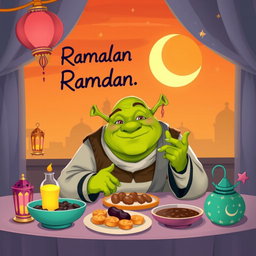 A whimsical illustration of an ogre giving festive vibes during Ramadan, wearing a traditional Islamic robe, sitting at a beautifully decorated table with colorful lanterns and crescent moons