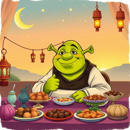 A whimsical illustration of an ogre giving festive vibes during Ramadan, wearing a traditional Islamic robe, sitting at a beautifully decorated table with colorful lanterns and crescent moons