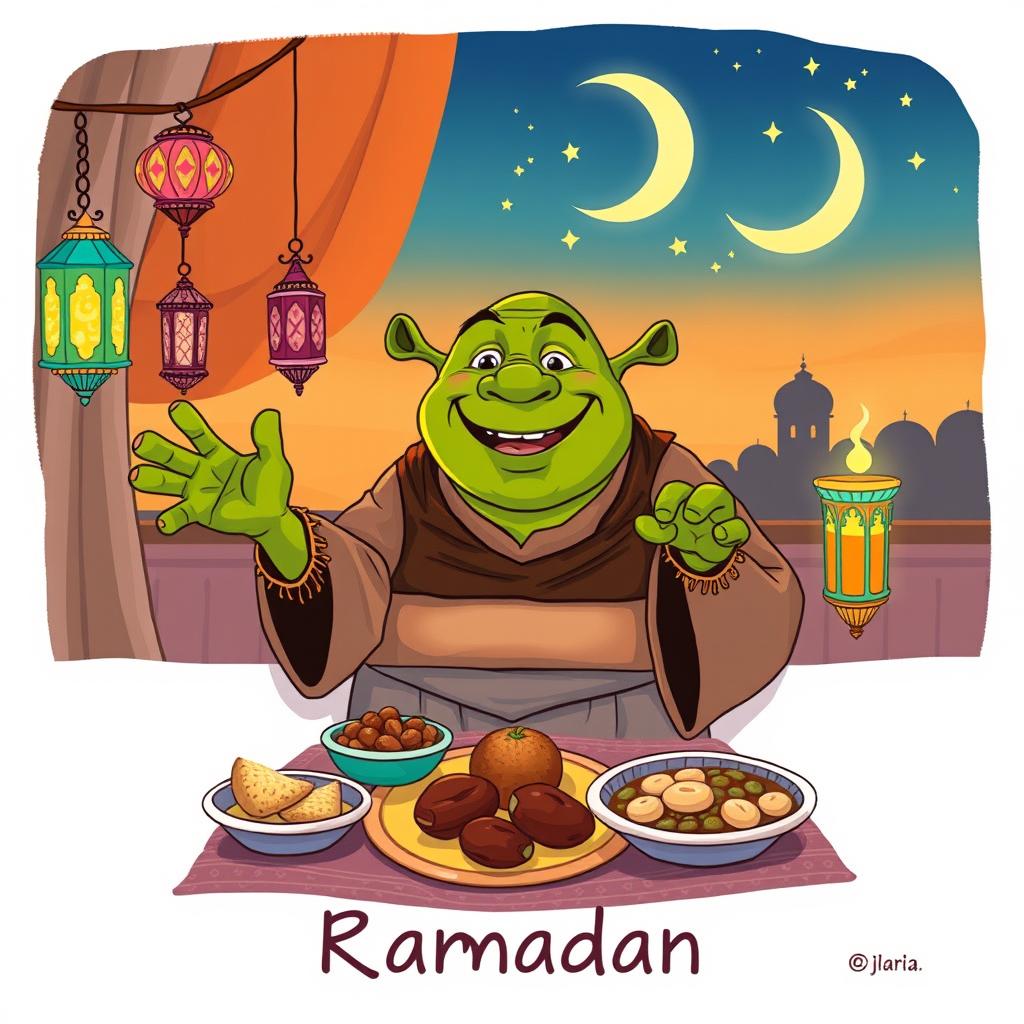 A whimsical illustration of an ogre giving festive vibes during Ramadan, wearing a traditional Islamic robe, sitting at a beautifully decorated table with colorful lanterns and crescent moons