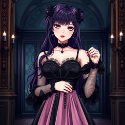 A gothic anime girl with deep dark purple hair, elegantly styled, stands in a luxurious gothic mansion