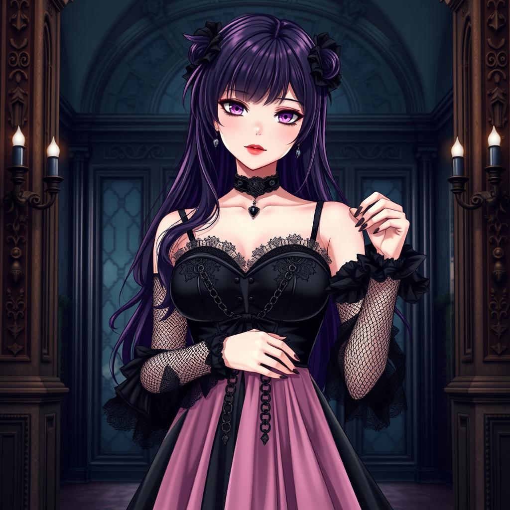 A gothic anime girl with deep dark purple hair, elegantly styled, stands in a luxurious gothic mansion