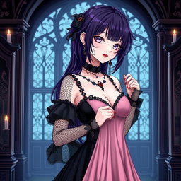 A gothic anime girl with deep dark purple hair, elegantly styled, stands in a luxurious gothic mansion