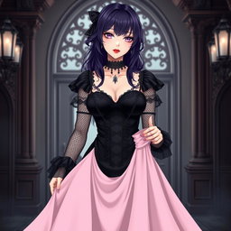 A gothic anime girl with deep dark purple hair, elegantly styled, stands in a luxurious gothic mansion